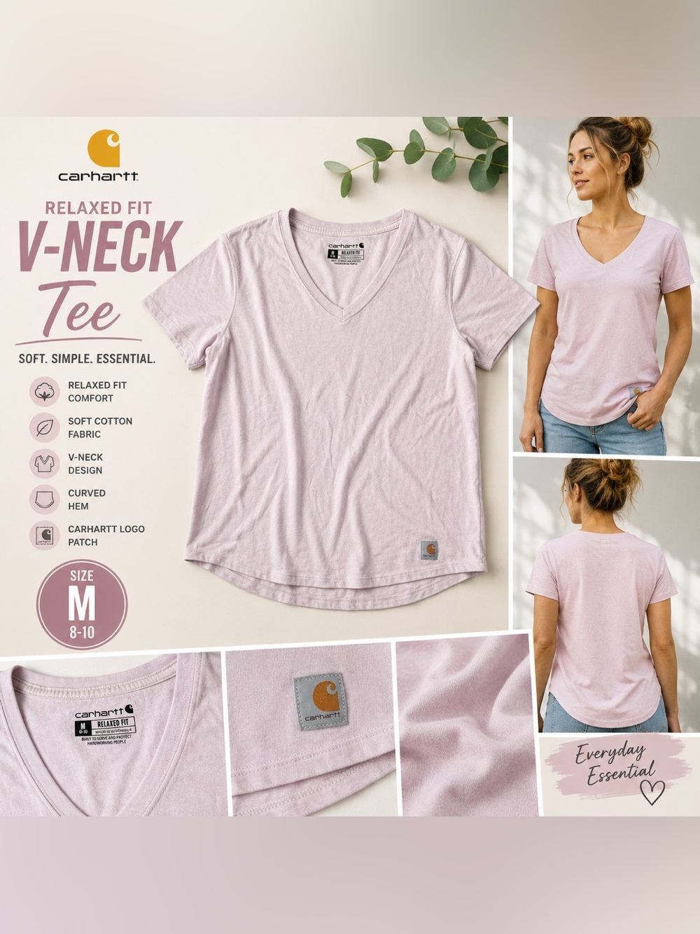 Carhartt Women’s Light Pink Relaxed Fit V Neck T Shirt Medium Casual Basic Tee